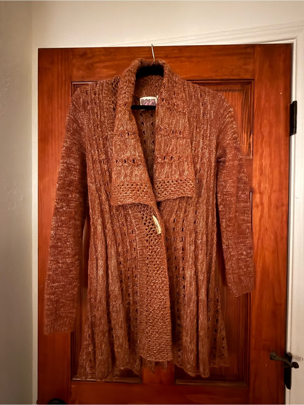 Textured Open-Front Brown/ burgundy Knit Cardigan with Shawl Collar